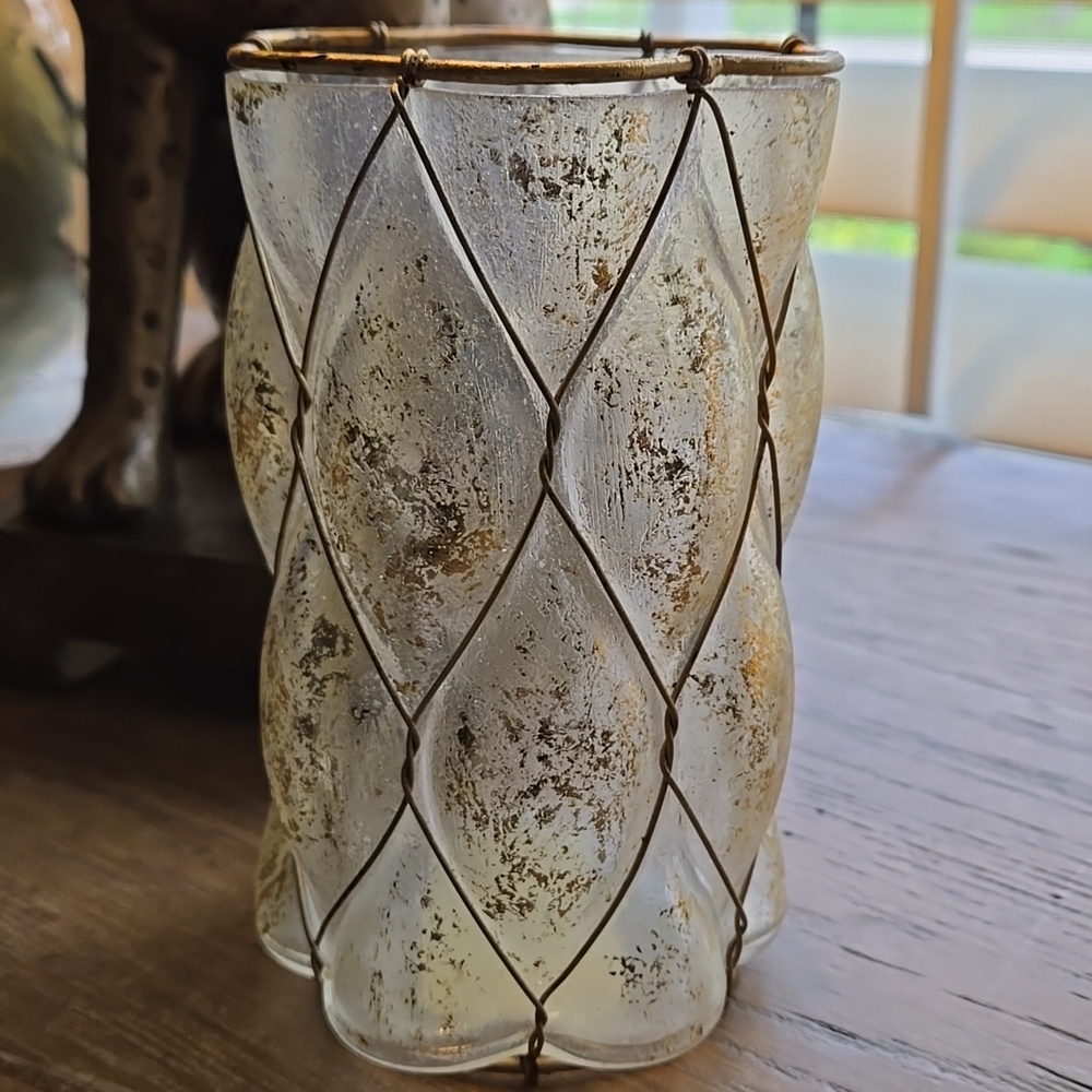 Antiqued Gold Small  Frosted Glass Vase/Votive Holder with Wire Lattice Accent